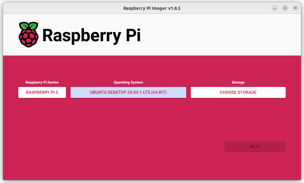 The rpi-imager application, displaying a selection of Pi 5, and Ubuntu 24.04.1 desktop