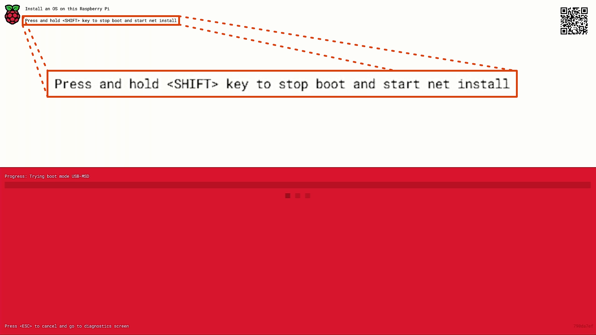 The Raspberry Pi boot-loader screen, displaying the prompt to hold SHIFT to start the installer